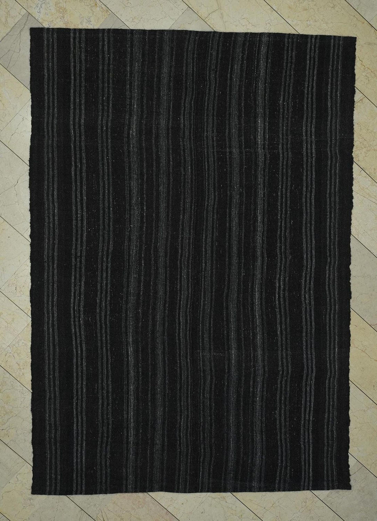 Mid-Century Modern Goat Hair Kilim Rug: 5.8x8.3 ft, Natural Color Stripe Rugs
