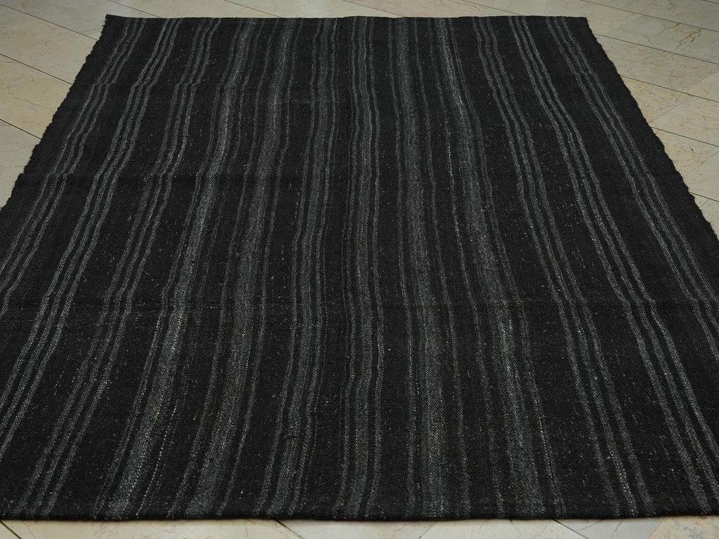 Mid-Century Modern Goat Hair Kilim Rug: 5.8x8.3 ft, Natural Color Stripe Rugs