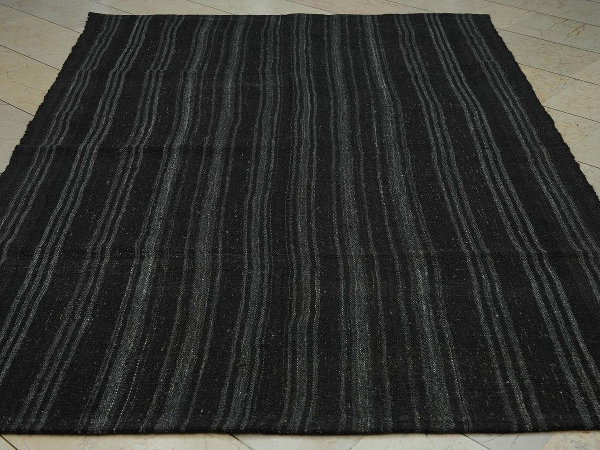 Mid-Century Modern Goat Hair Kilim Rug: 5.8x8.3 ft, Natural Color Stripe Rugs