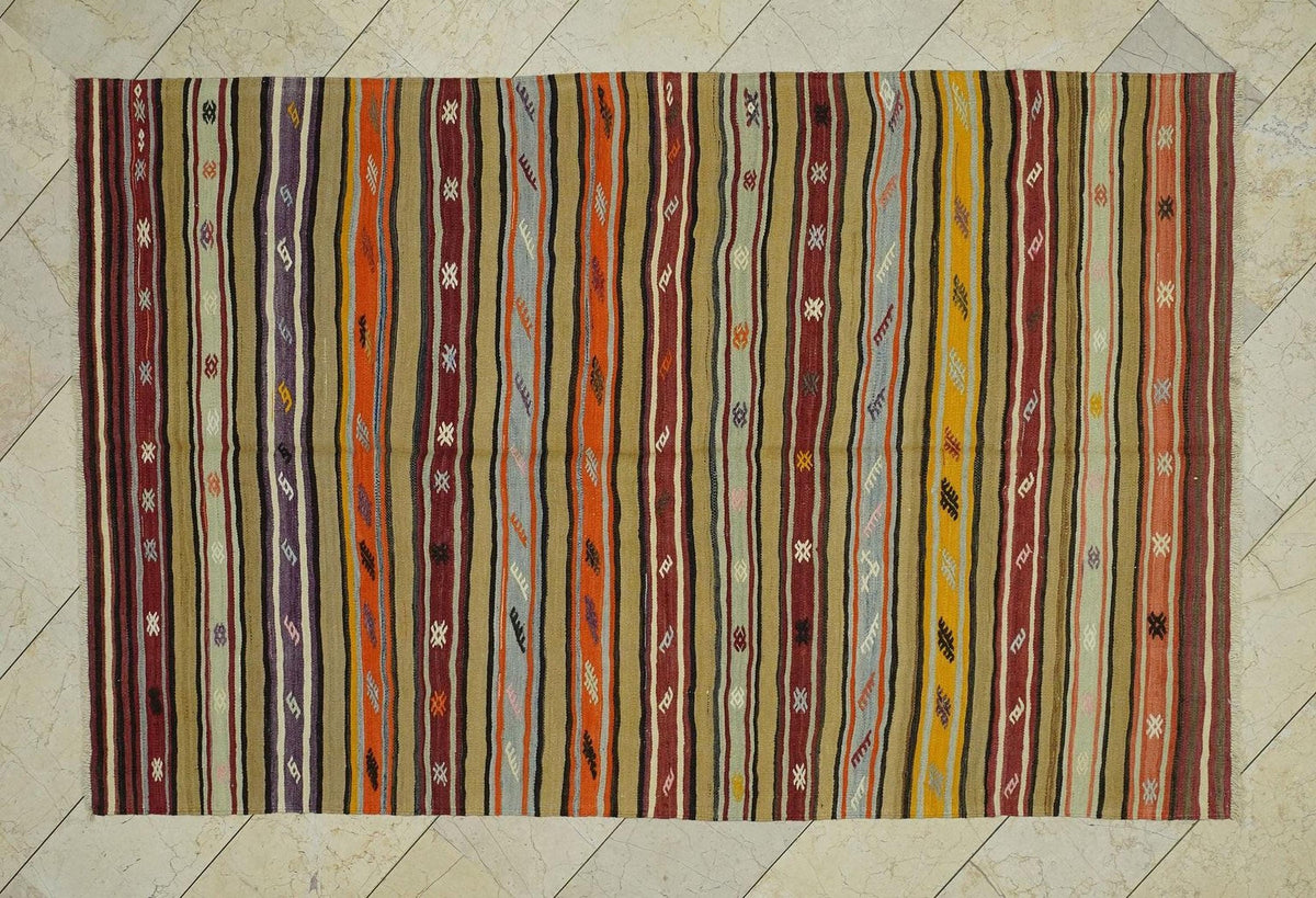 Striped Vintage Turkish Kilim Rug: 5.3"x8.1' Feet, Wool Flat Weave Area Rugs.