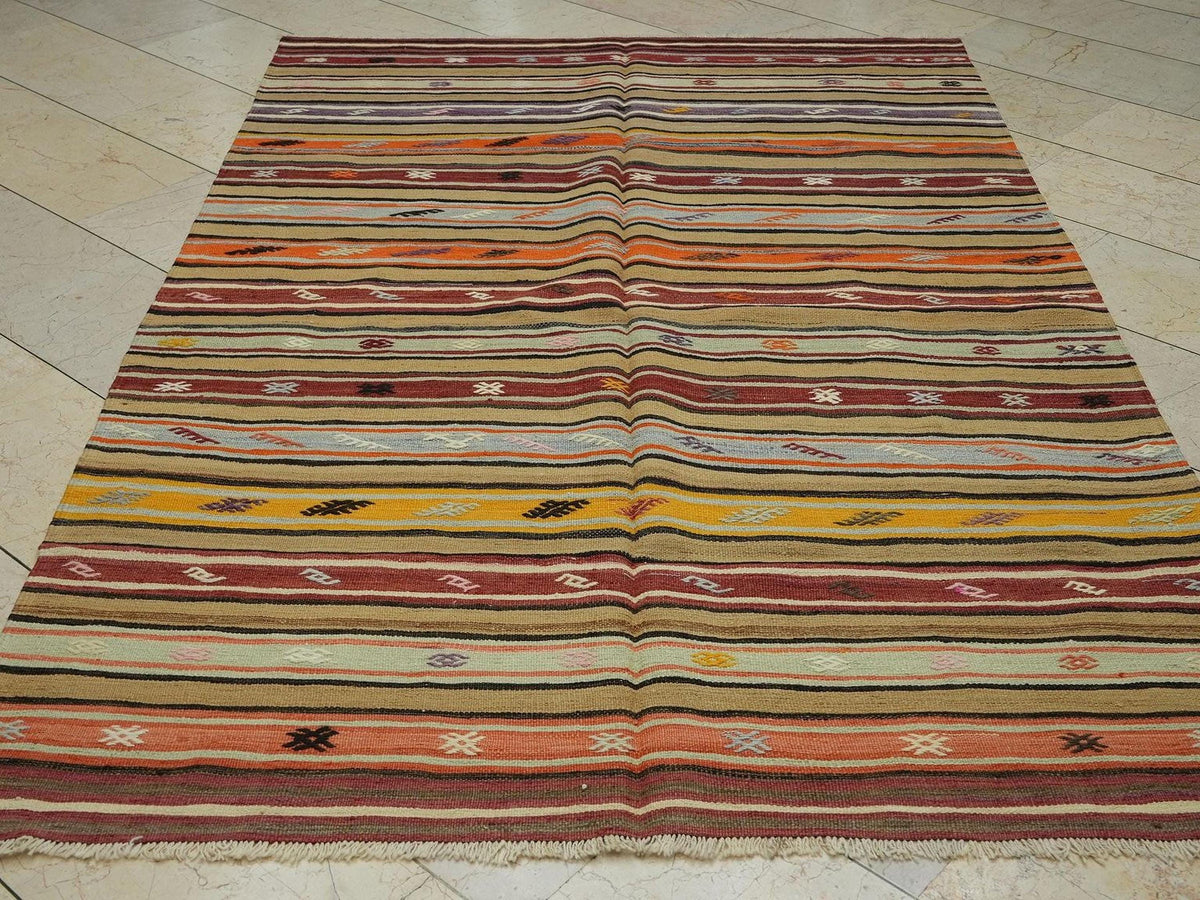 Striped Vintage Turkish Kilim Rug: 5.3"x8.1' Feet, Wool Flat Weave Area Rugs.