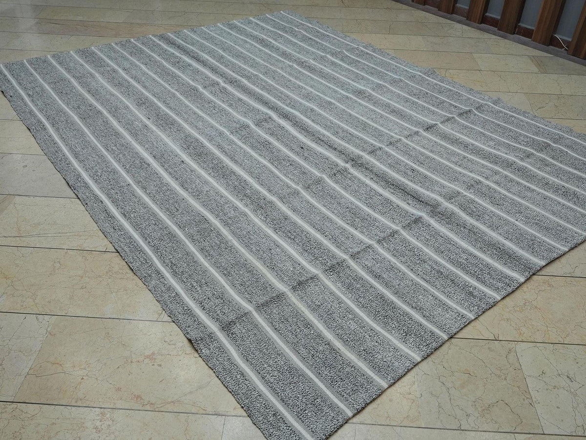 7x10 Vintage Turkish Kilim Rug: White Stripe Natural Gray Summer Outdoor Decor Rugs