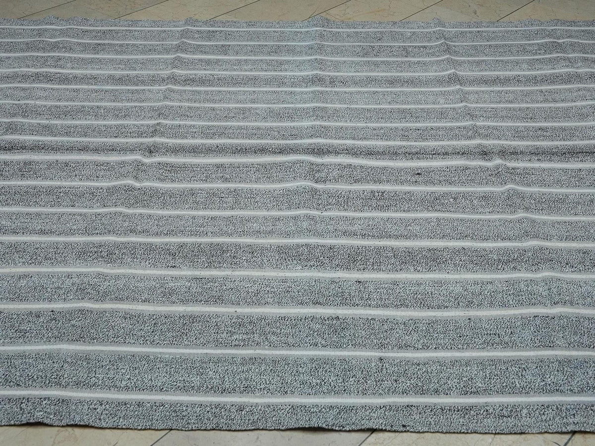 7x10 Vintage Turkish Kilim Rug: White Stripe Natural Gray Summer Outdoor Decor Rugs