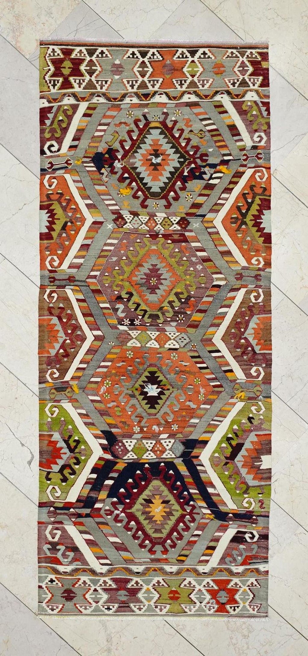1930s Antique Flat-weave Turkish Rug-Wall Hanging Art - unique Tribal Area Kilim.