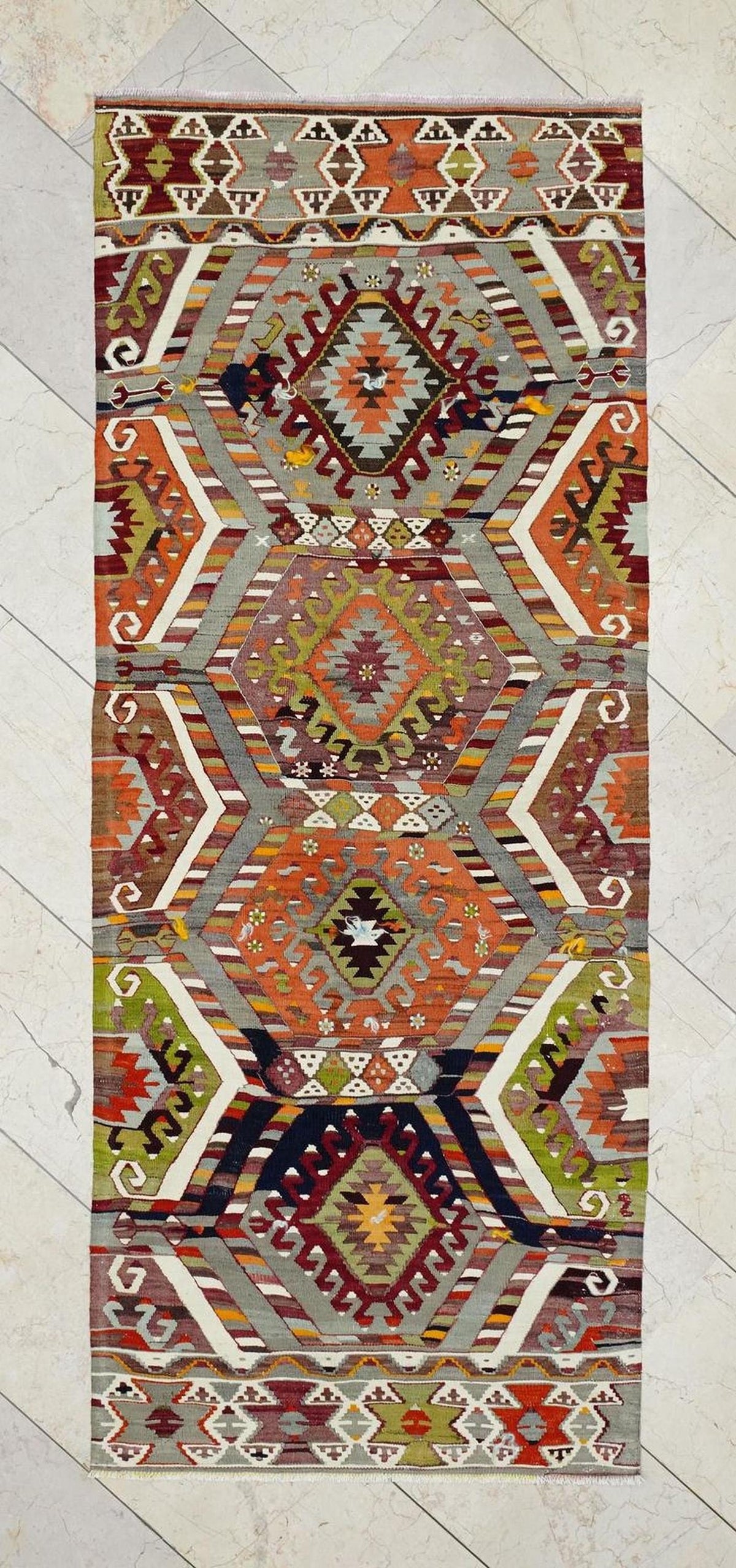 1930s Antique Flat-weave Turkish Rug-Wall Hanging Art - unique Tribal Area Kilim.