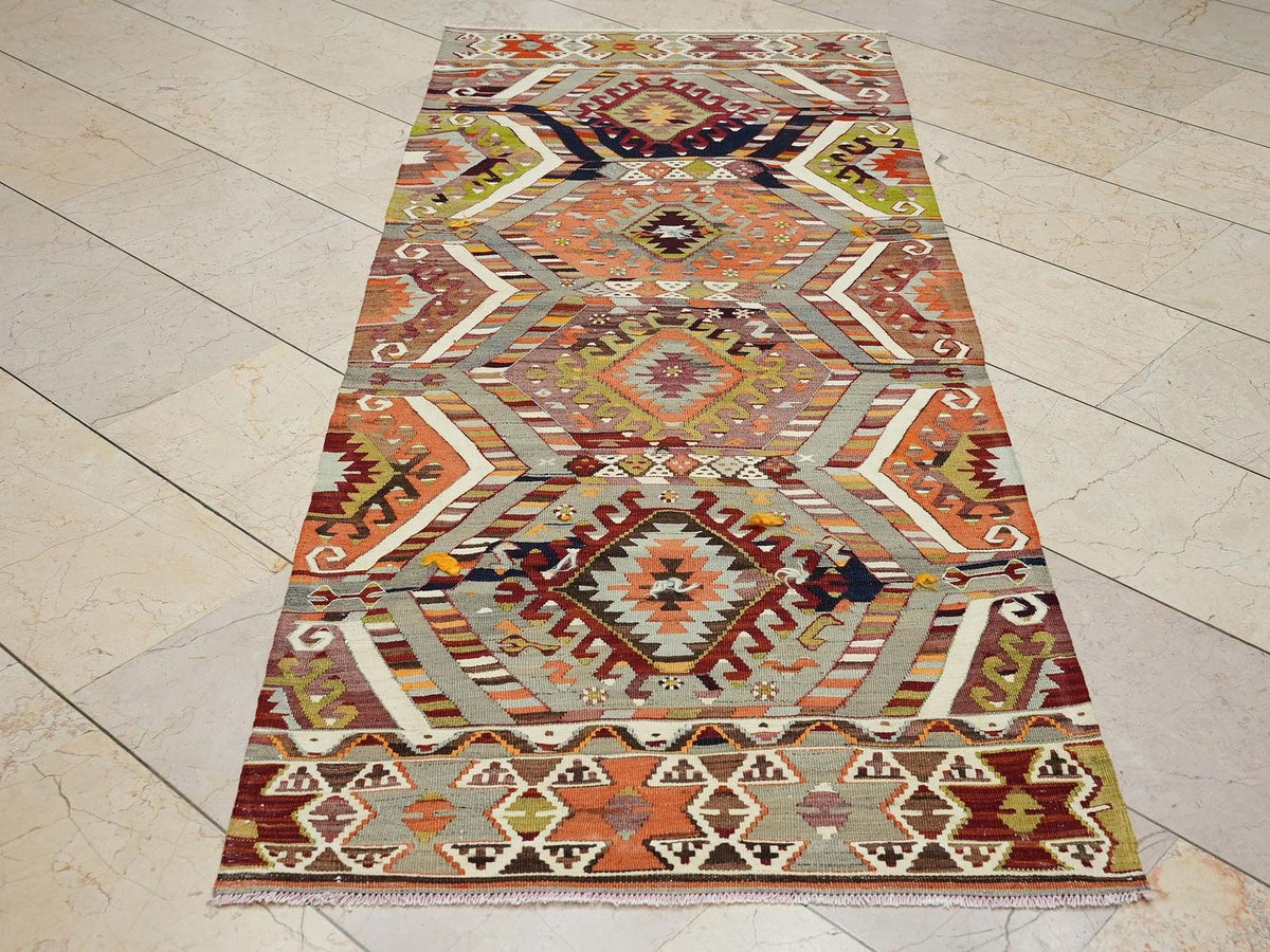 1930s Antique Flat-weave Turkish Rug-Wall Hanging Art - unique Tribal Area Kilim.