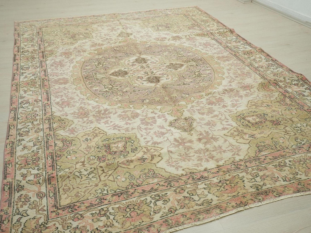 Handmade Turkish Oushak Rug: Mid Century Modern Carpet Rugs, 7'x9.6' Feet.