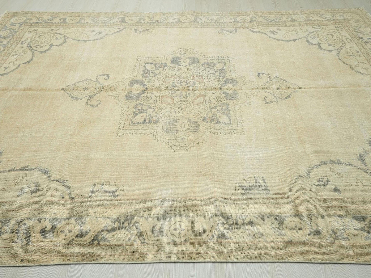 Mid Century Modern Oushak Rug: 6.11"x9.10" Feet,Faded Color Turkish Wool Rugs.