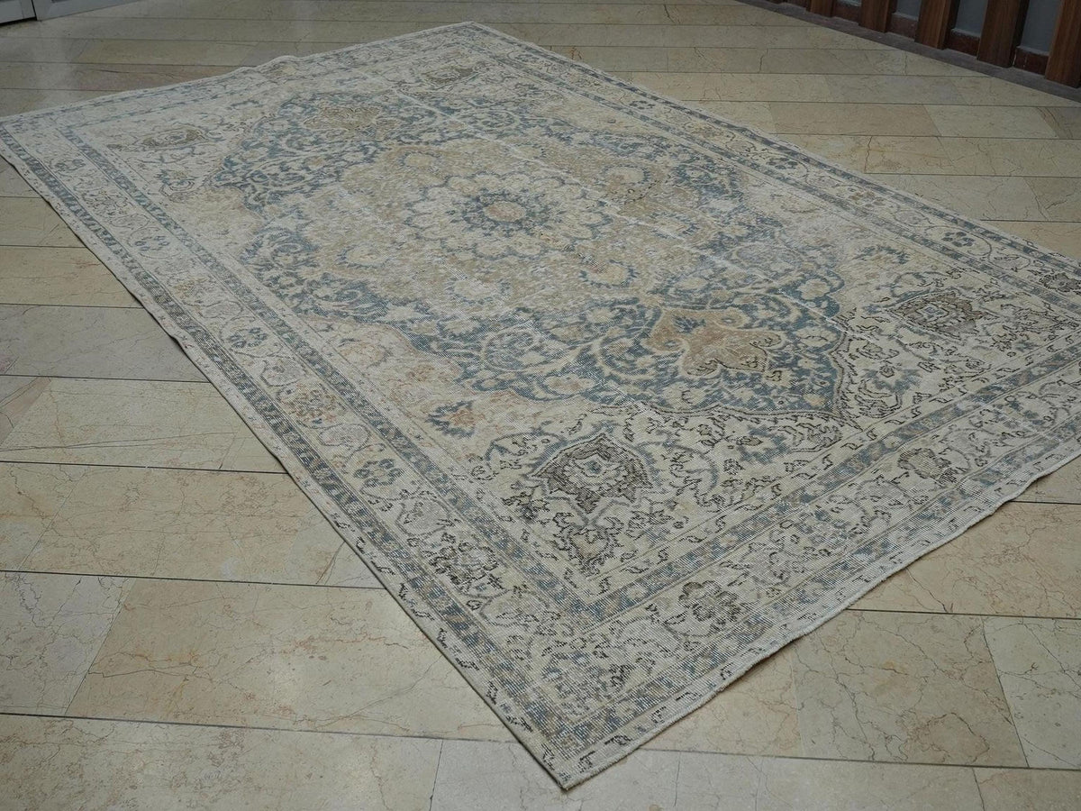 Vintage Turkish Oushak Rug: 6.5x10.5 Feet, Gray Blue And Beige Primitive Decor Rugs
