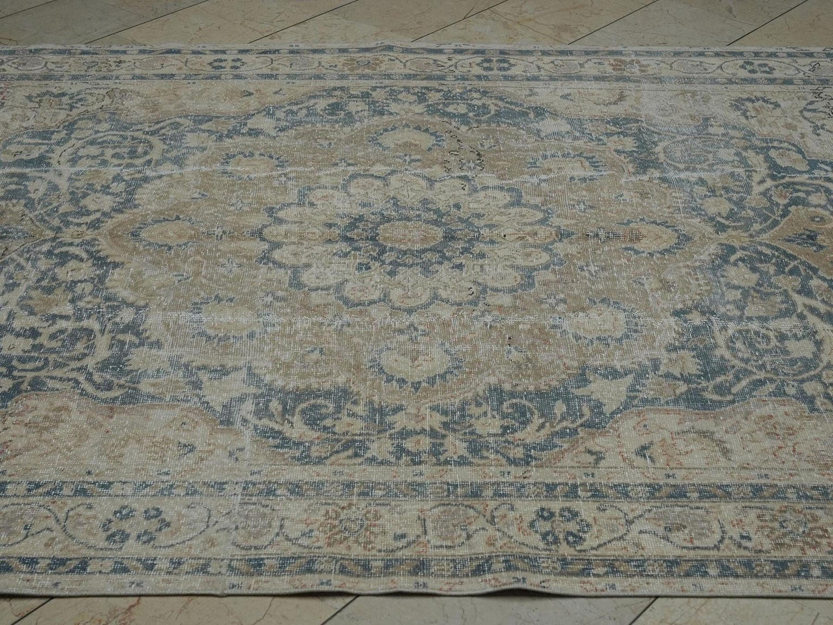 Vintage Turkish Oushak Rug: 6.5x10.5 Feet, Gray Blue And Beige Primitive Decor Rugs