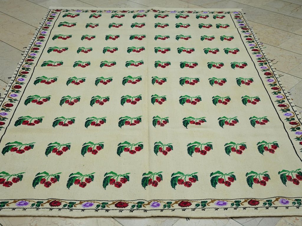 Cherry Pattern Kilim Rug: Embroidered Wool Wall Hanging Turkish Rugs, 5.2x7.5 ft.