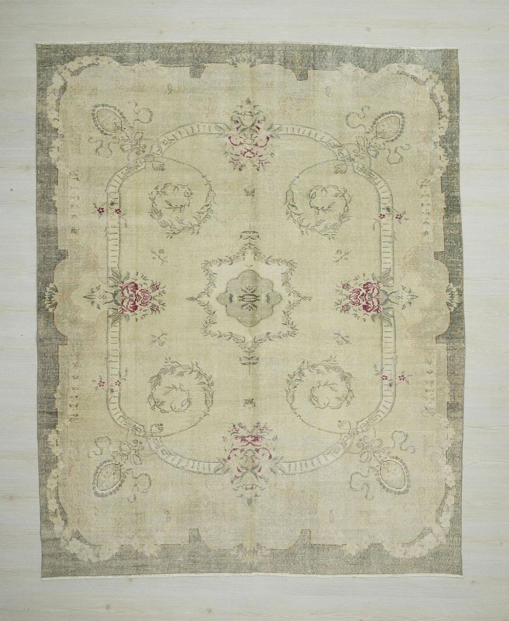 Floral Oushak Turkish Rug: Light Green Vintage Medallion Carpet, 7.4x9.3 ft