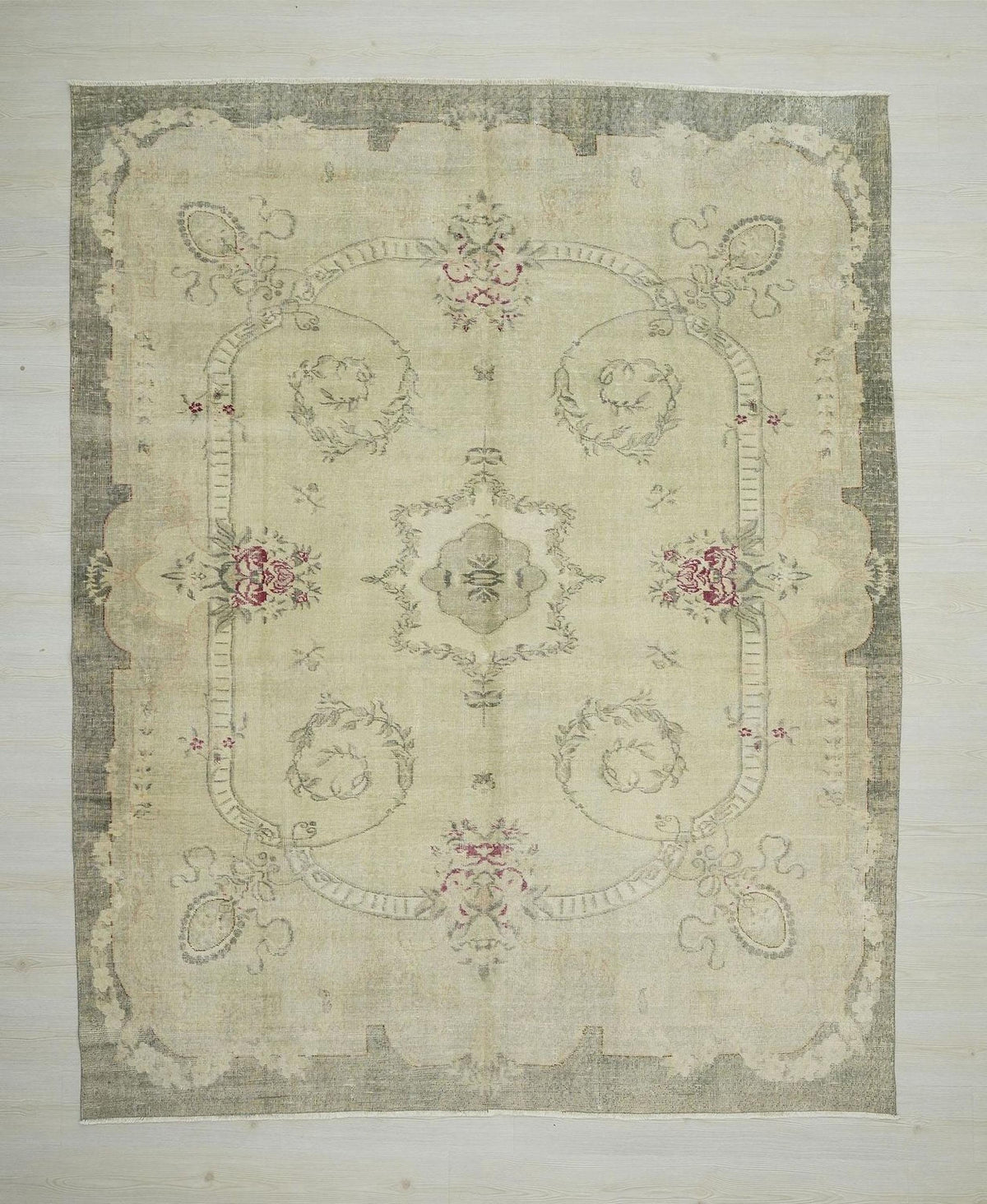 Floral Oushak Turkish Rug: Light Green Vintage Medallion Carpet, 7.4x9.3 ft