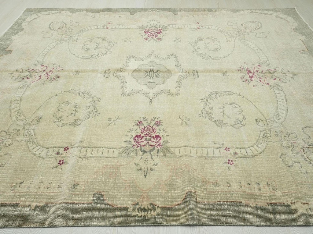 Floral Oushak Turkish Rug: Light Green Vintage Medallion Carpet, 7.4x9.3 ft