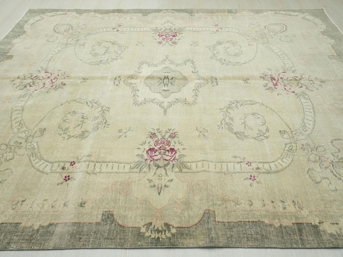Floral Oushak Turkish Rug: Light Green Vintage Medallion Carpet, 7.4x9.3 ft