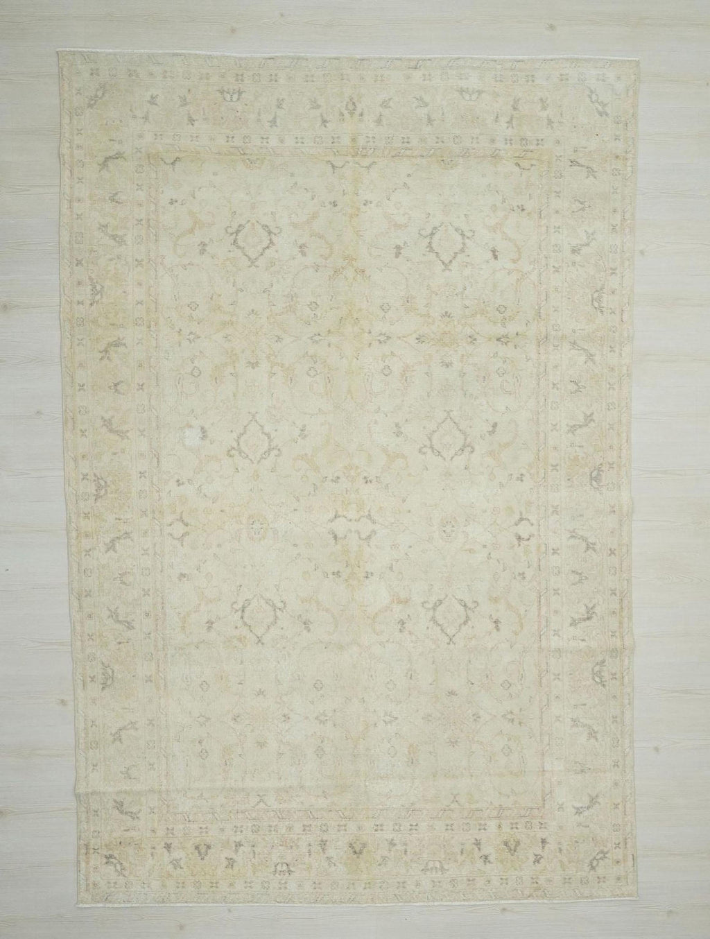 Geometric Vintage Oushak Rug: Beige Gray Turkish Wool Carpet 6.5x9.7 ft.