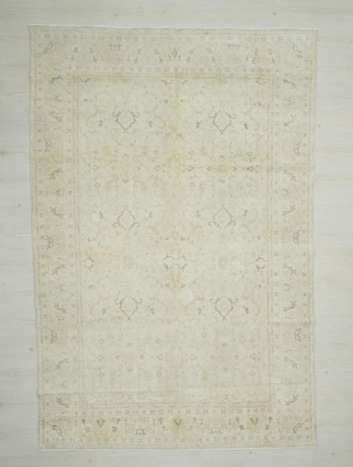 Geometric Vintage Oushak Rug: Beige Gray Turkish Wool Carpet 6.5x9.7 ft.