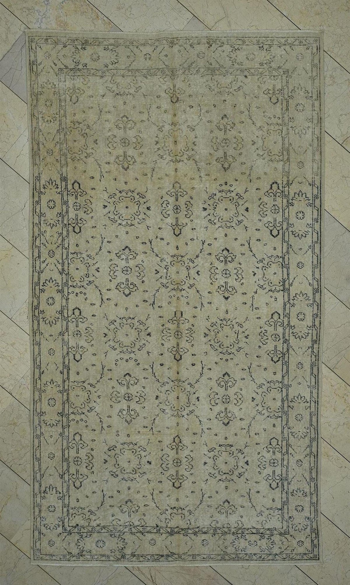 Vintage Oushak Rug: 5"x9" Beige Brown Wool Carpet