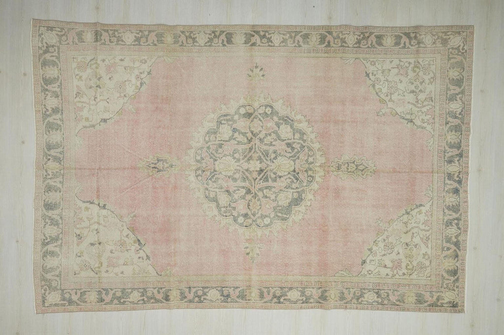 Salmon Pink Vintage Oushak Rug: Large Turkish Wool Carpet,7,2"x11" Ft.