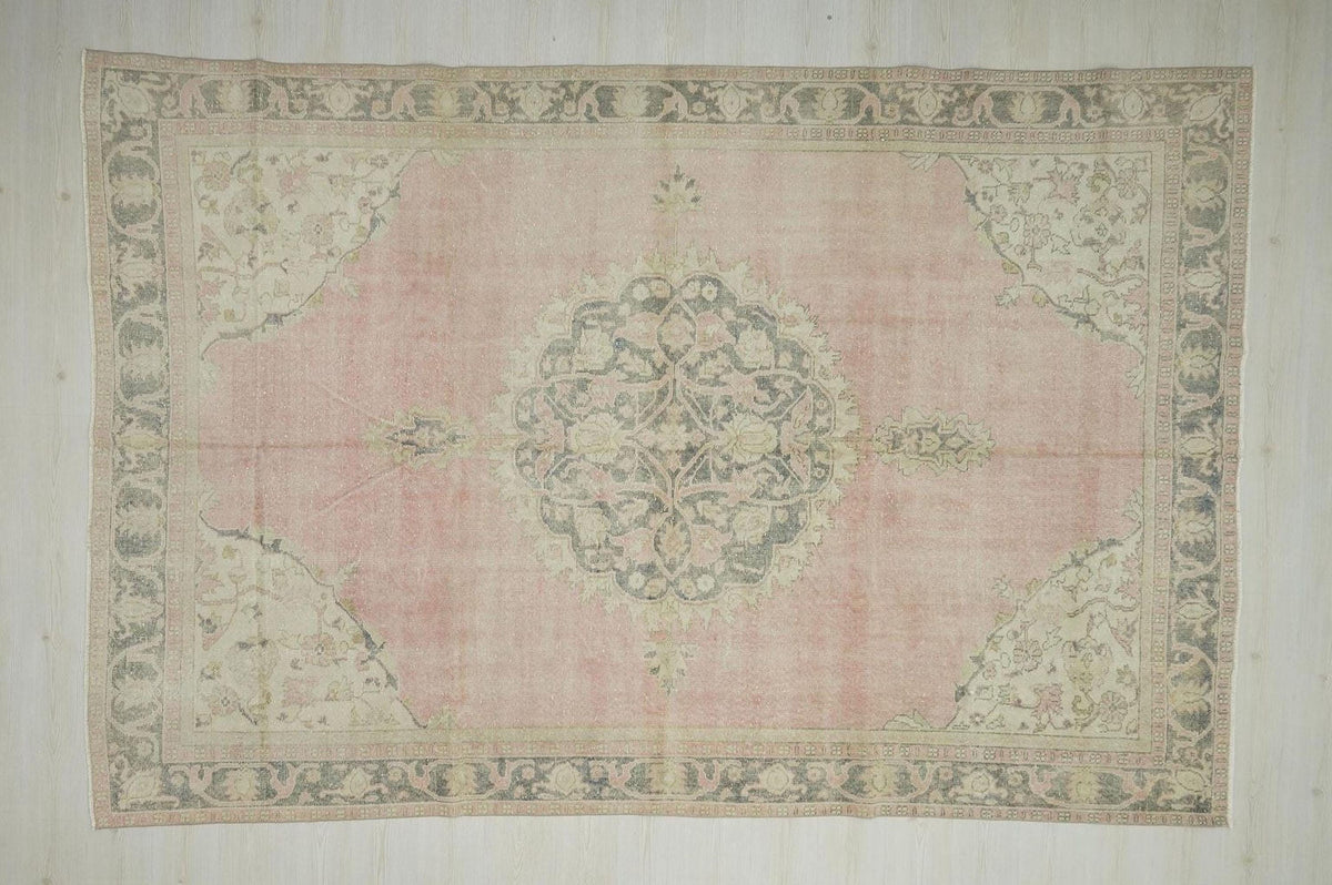 Salmon Pink Vintage Oushak Rug: Large Turkish Wool Carpet,7,2"x11" Ft.
