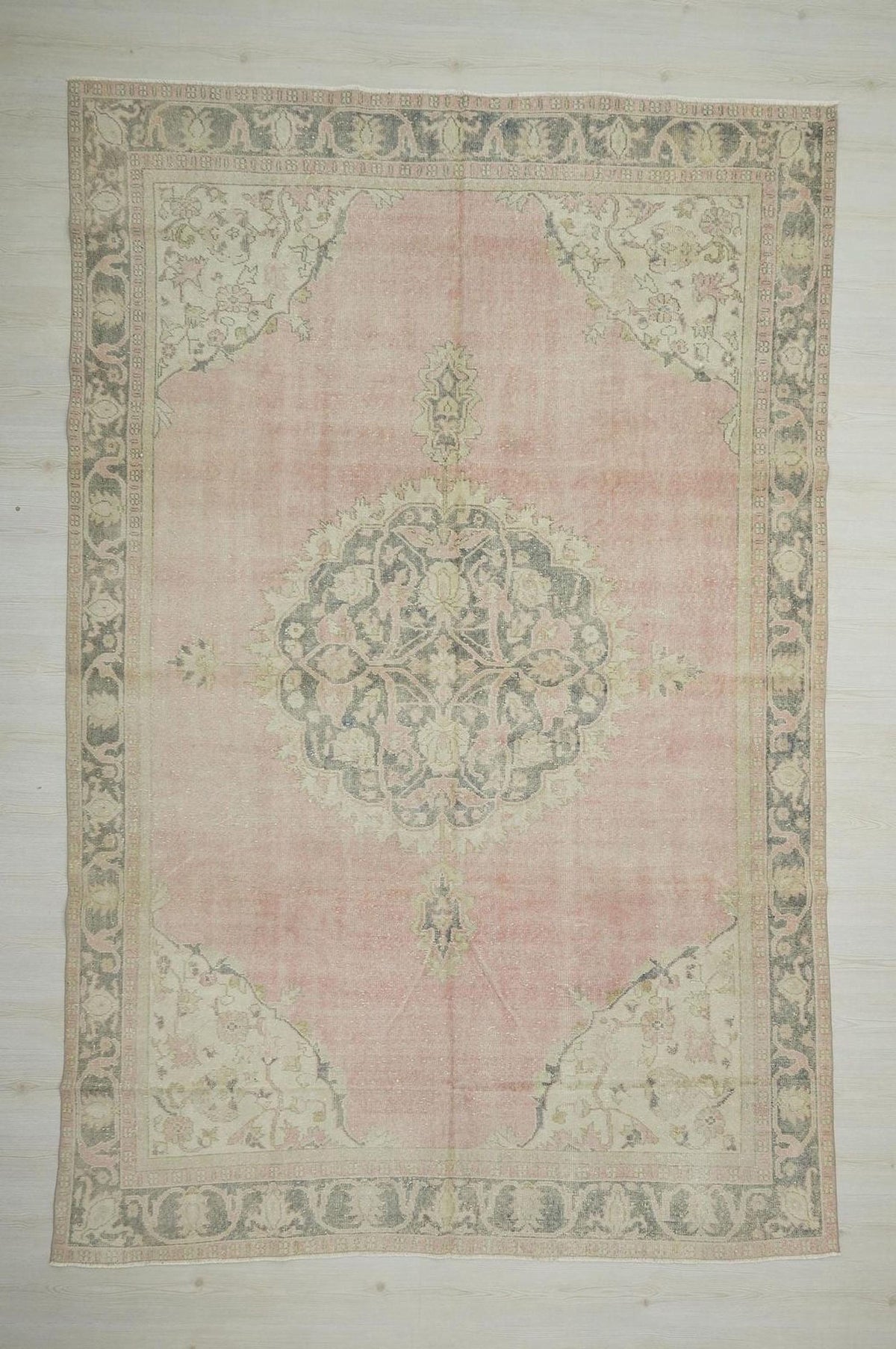 Salmon Pink Vintage Oushak Rug: Large Turkish Wool Carpet,7,2"x11" Ft.