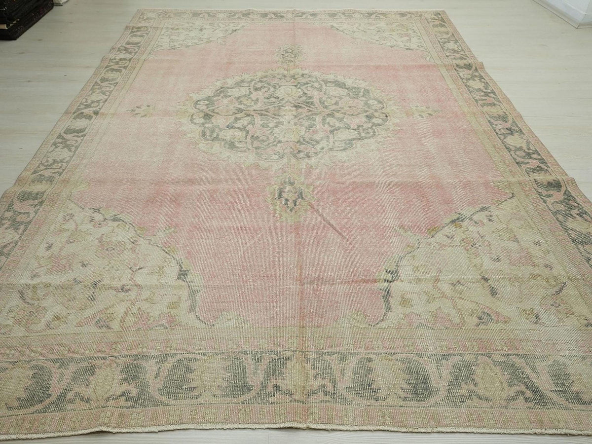 Salmon Pink Vintage Oushak Rug: Large Turkish Wool Carpet,7,2"x11" Ft.