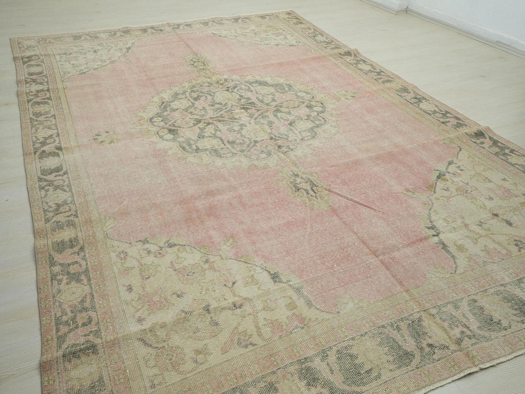 Salmon Pink Vintage Oushak Rug: Large Turkish Wool Carpet,7,2"x11" Ft.