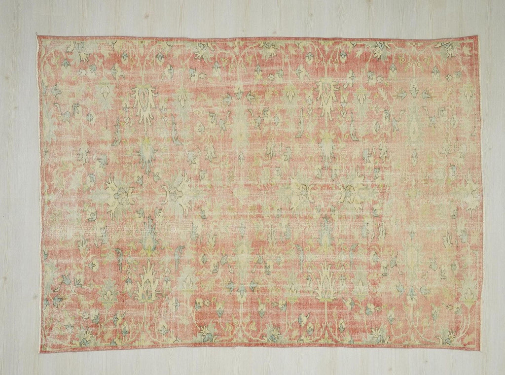 6x9 Floral Vintage Oushak Rug: Handmade Turkish Wool Carpet