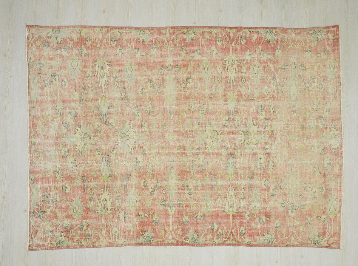 6x9 Floral Vintage Oushak Rug: Handmade Turkish Wool Carpet