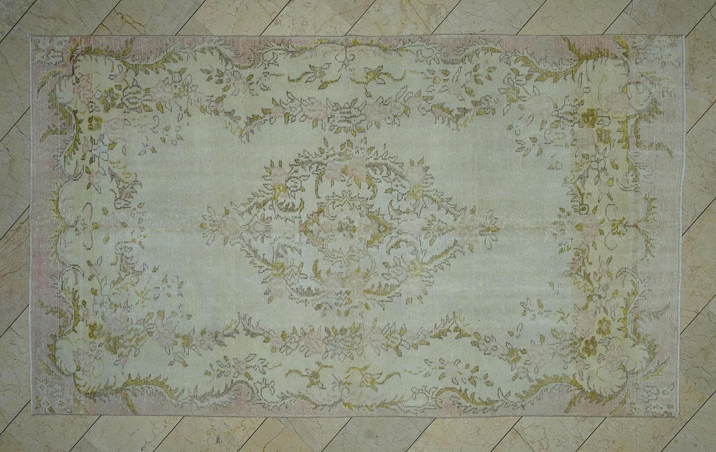 Vintage Oushak Rug: 6"x10.1" Beige Green Wool Turkish Carpet