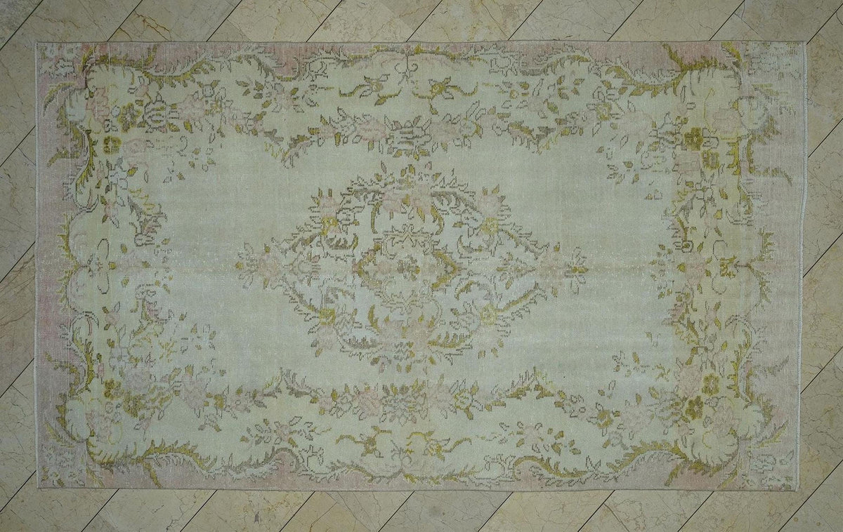 Vintage Oushak Rug: 6"x10.1" Beige Green Wool Turkish Carpet