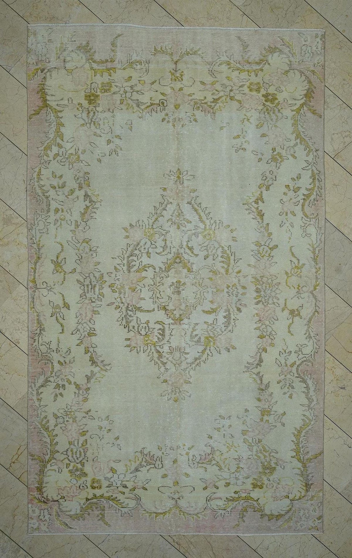 Vintage Oushak Rug: 6"x10.1" Beige Green Wool Turkish Carpet