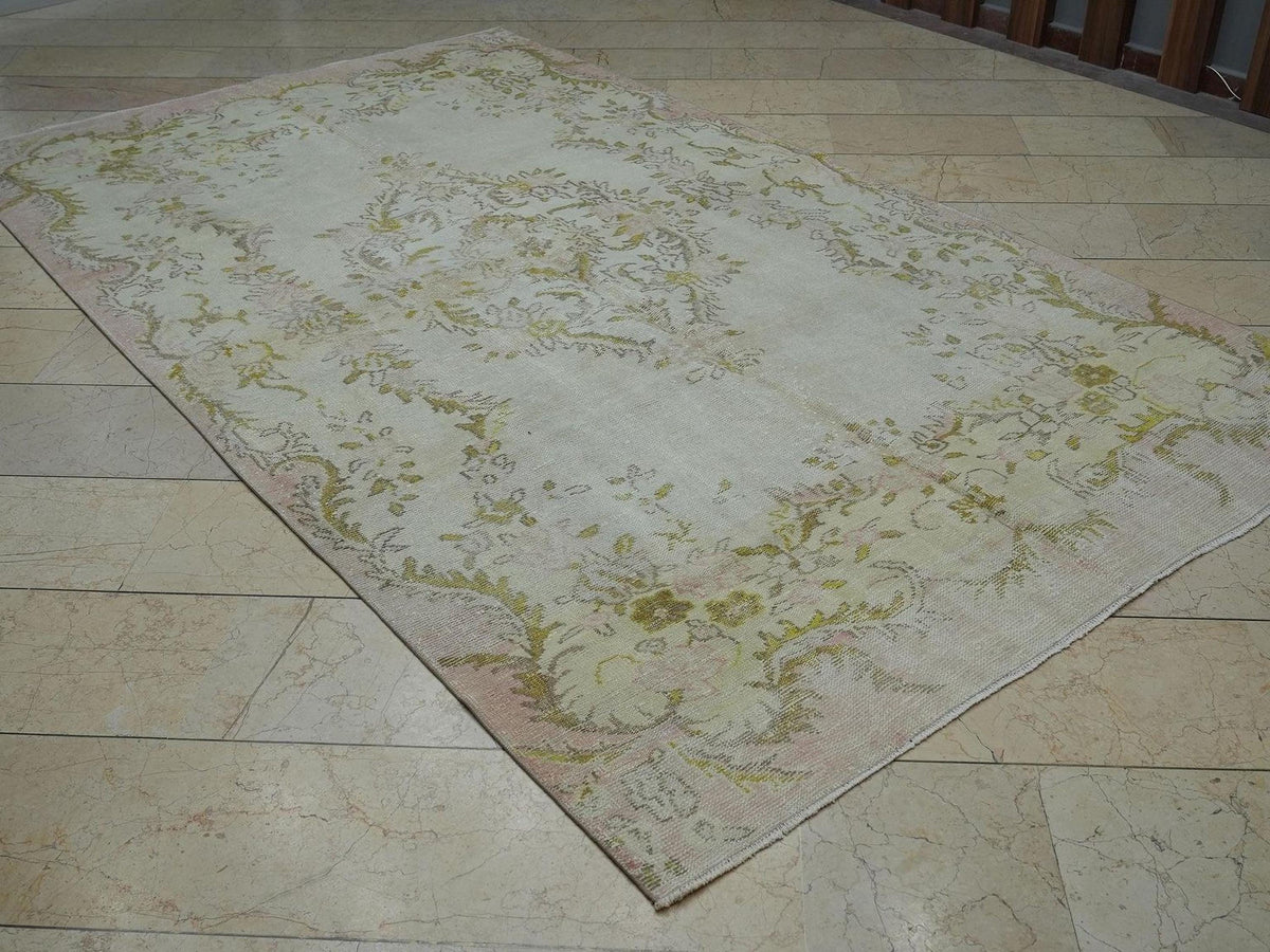Vintage Oushak Rug: 6"x10.1" Beige Green Wool Turkish Carpet