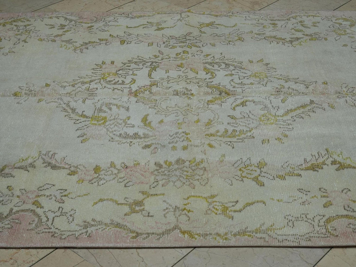 Vintage Oushak Rug: 6"x10.1" Beige Green Wool Turkish Carpet