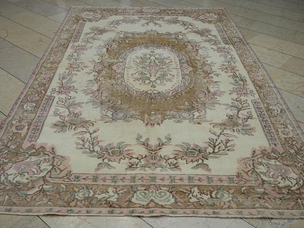 6x10 Vintage Turkish Wool Carpet Rug,Oushak Rugs For Country Farmhouse Decor