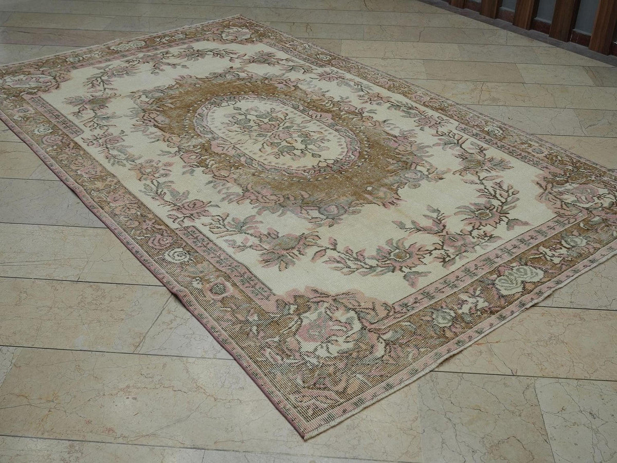 6x10 Vintage Turkish Wool Carpet Rug,Oushak Rugs For Country Farmhouse Decor