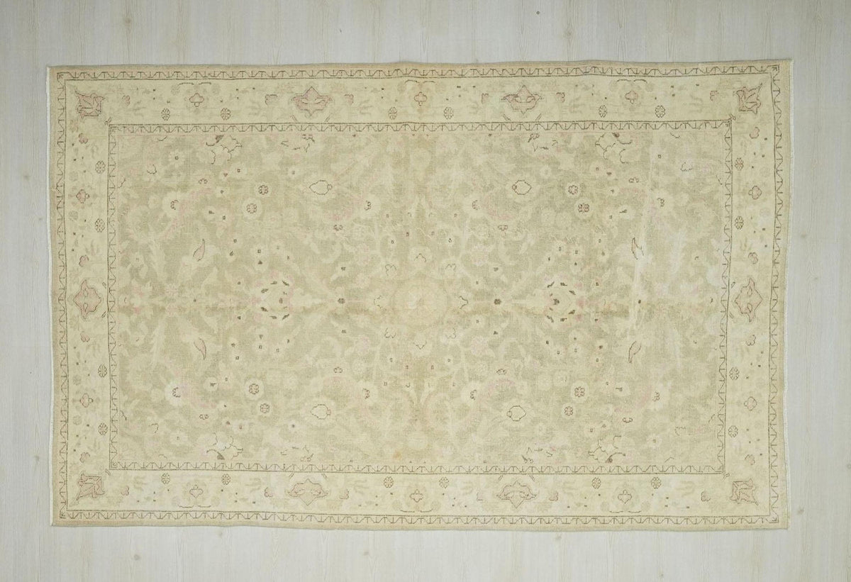 Vintage Oushak Rug: Large Turkish Wool Rugs, Muted Gray & Salmon Carpet 6x10 ft