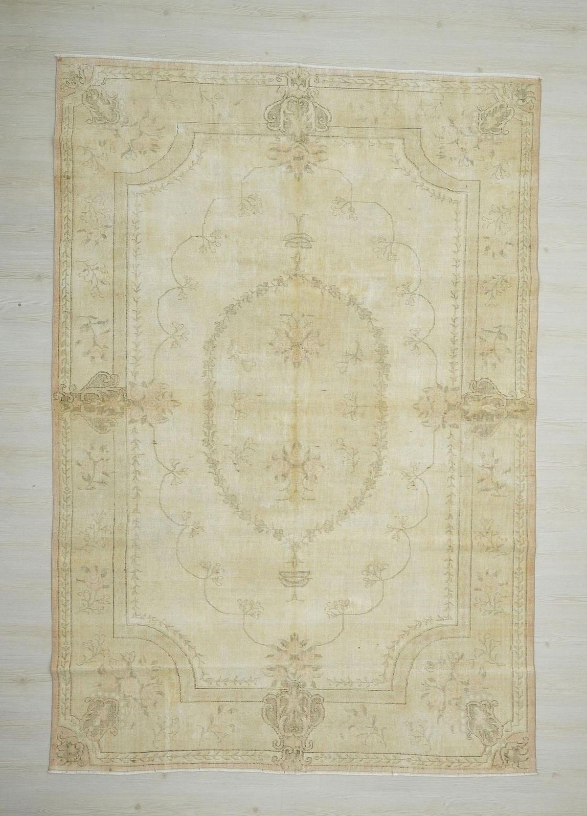 Large Muted Oushak Rug: 7x10.2 Vintage Turkish Wool Carpet