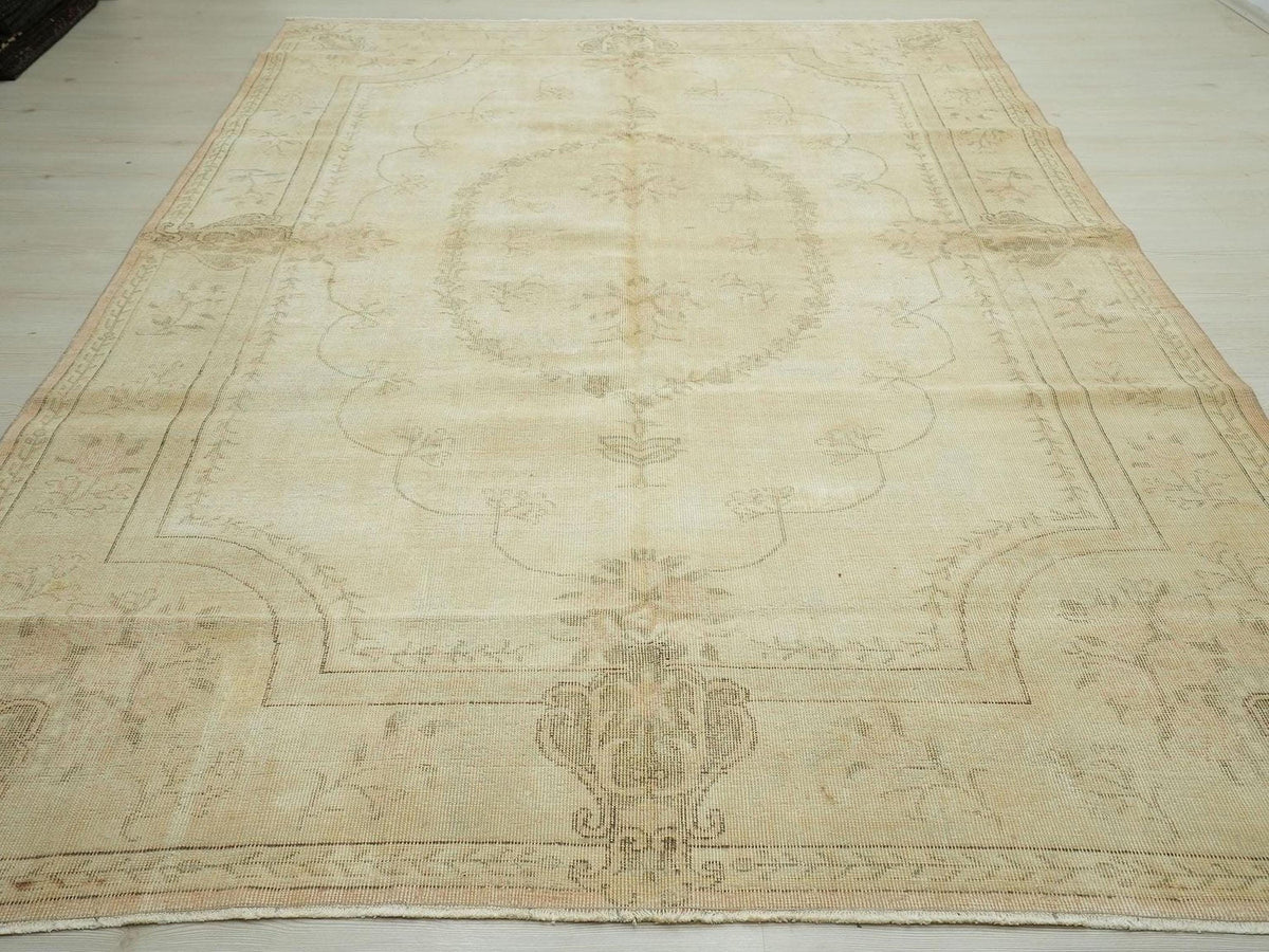 Large Muted Oushak Rug: 7x10.2 Vintage Turkish Wool Carpet