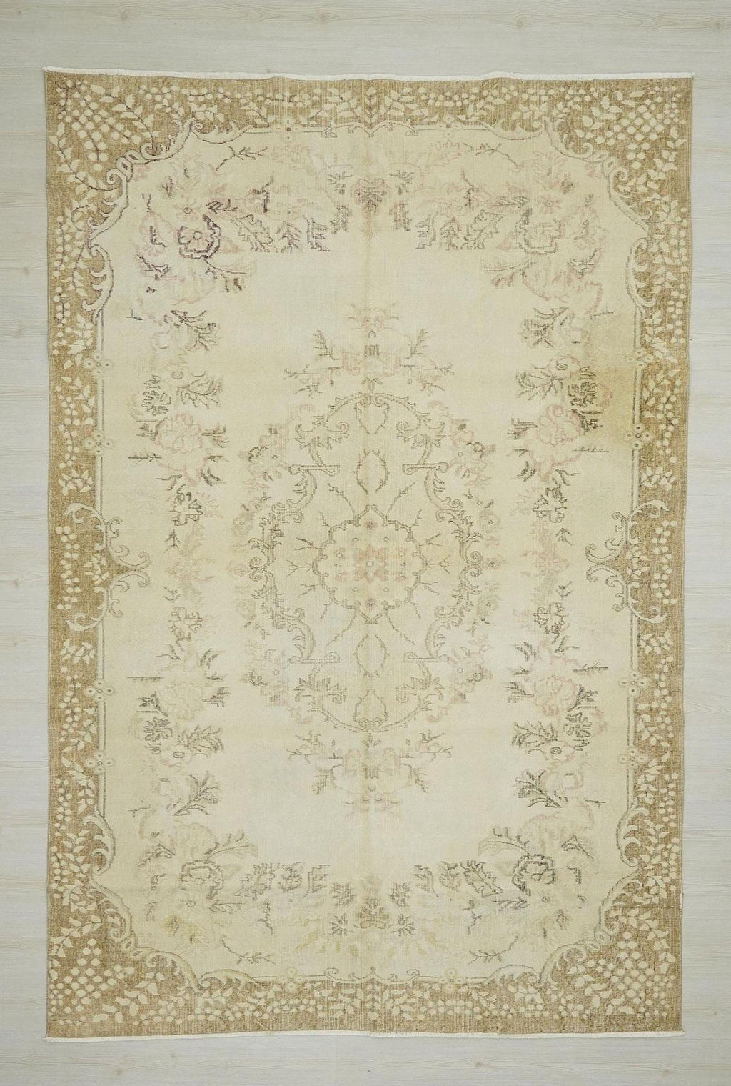 Vintage Wool Oushak Rug: Beige Brown Turkish Carpet 7x10 Ft.