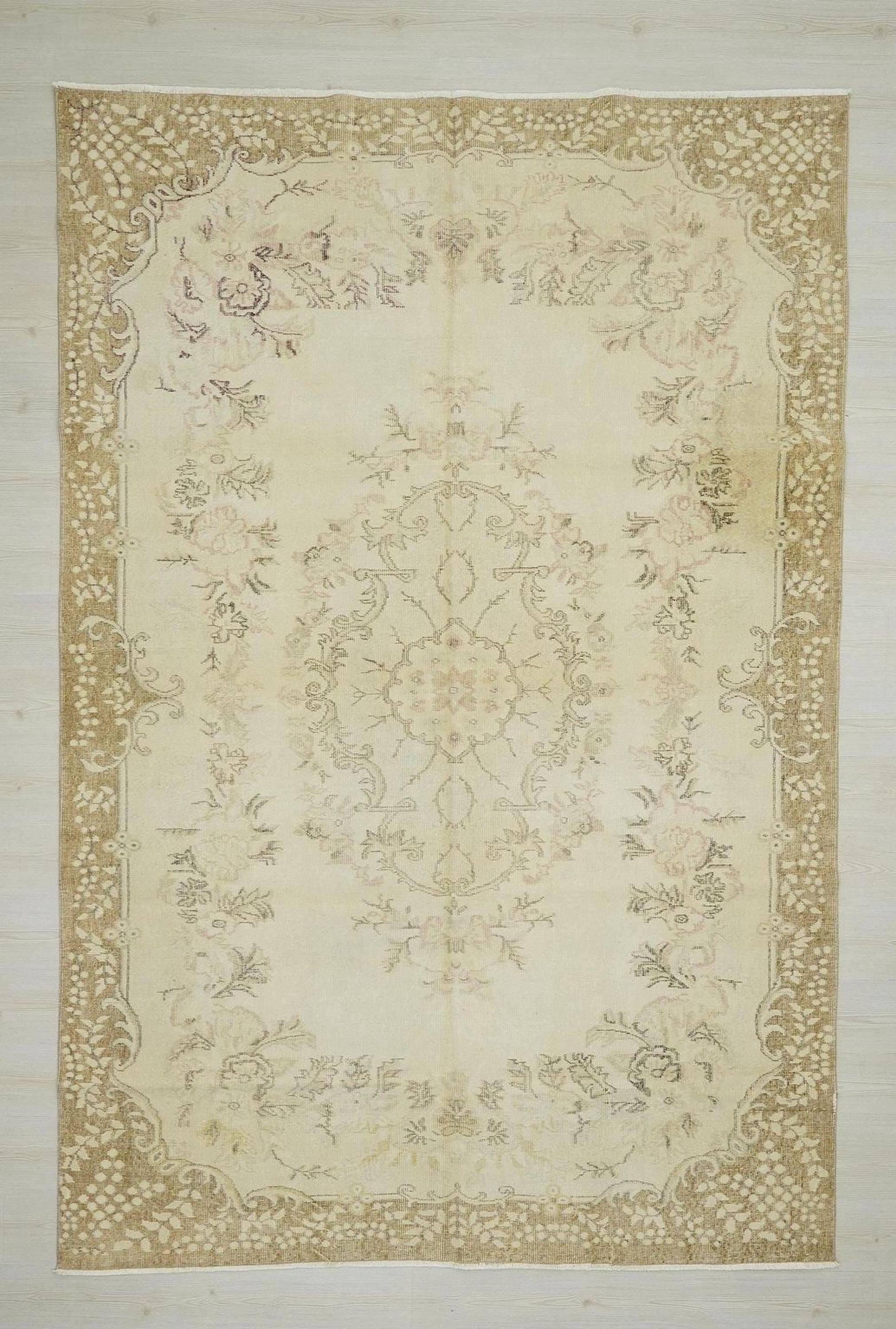 Vintage Wool Oushak Rug: Beige Brown Turkish Carpet 7x10 Ft.