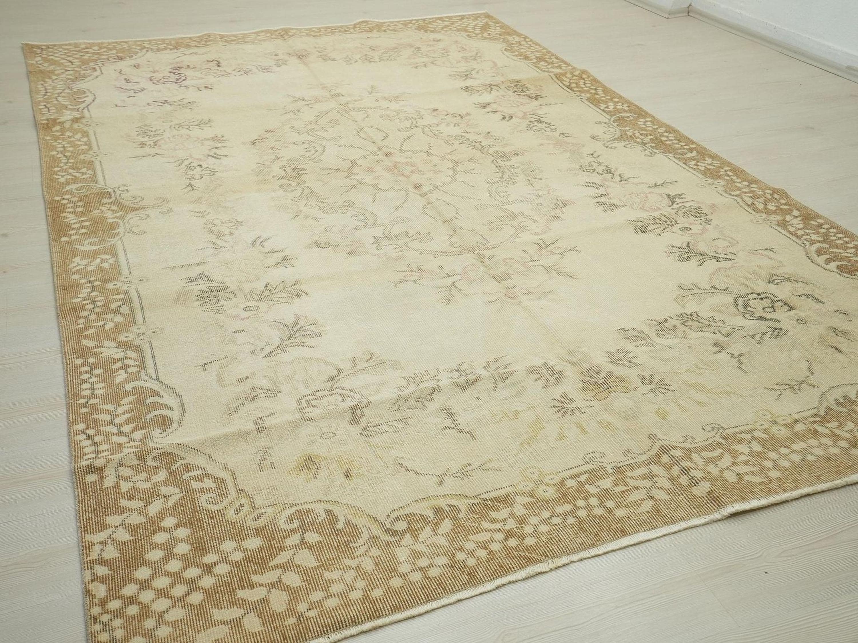 Vintage Wool Oushak Rug: Beige Brown Turkish Carpet 7x10 Ft.