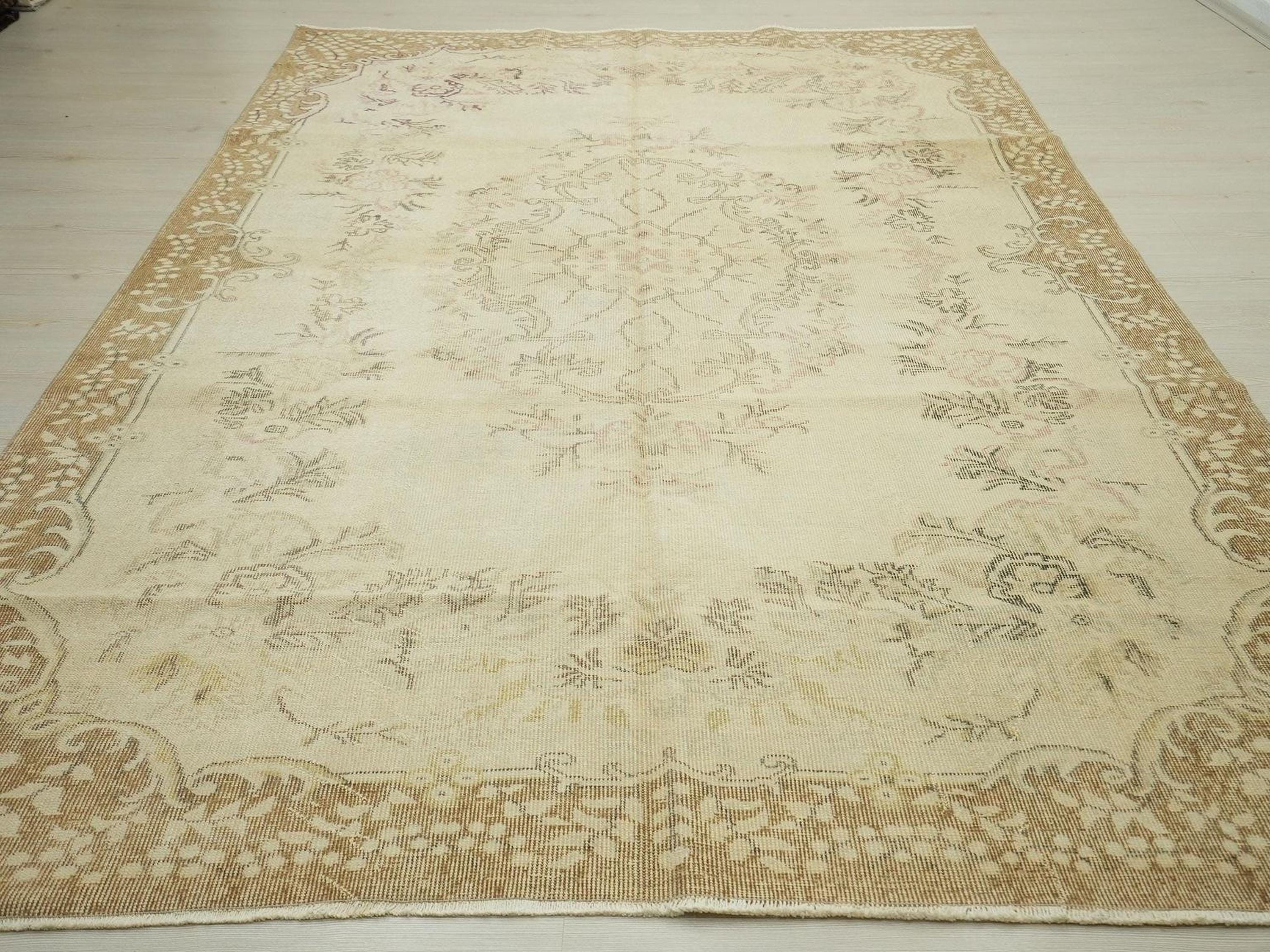 Vintage Wool Oushak Rug: Beige Brown Turkish Carpet 7x10 Ft.