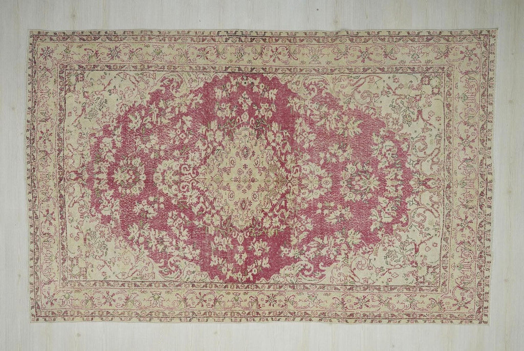 Vintage Wool Oushak Rug: Turkish Medallion Design Wine & Beige Rugs 7x11