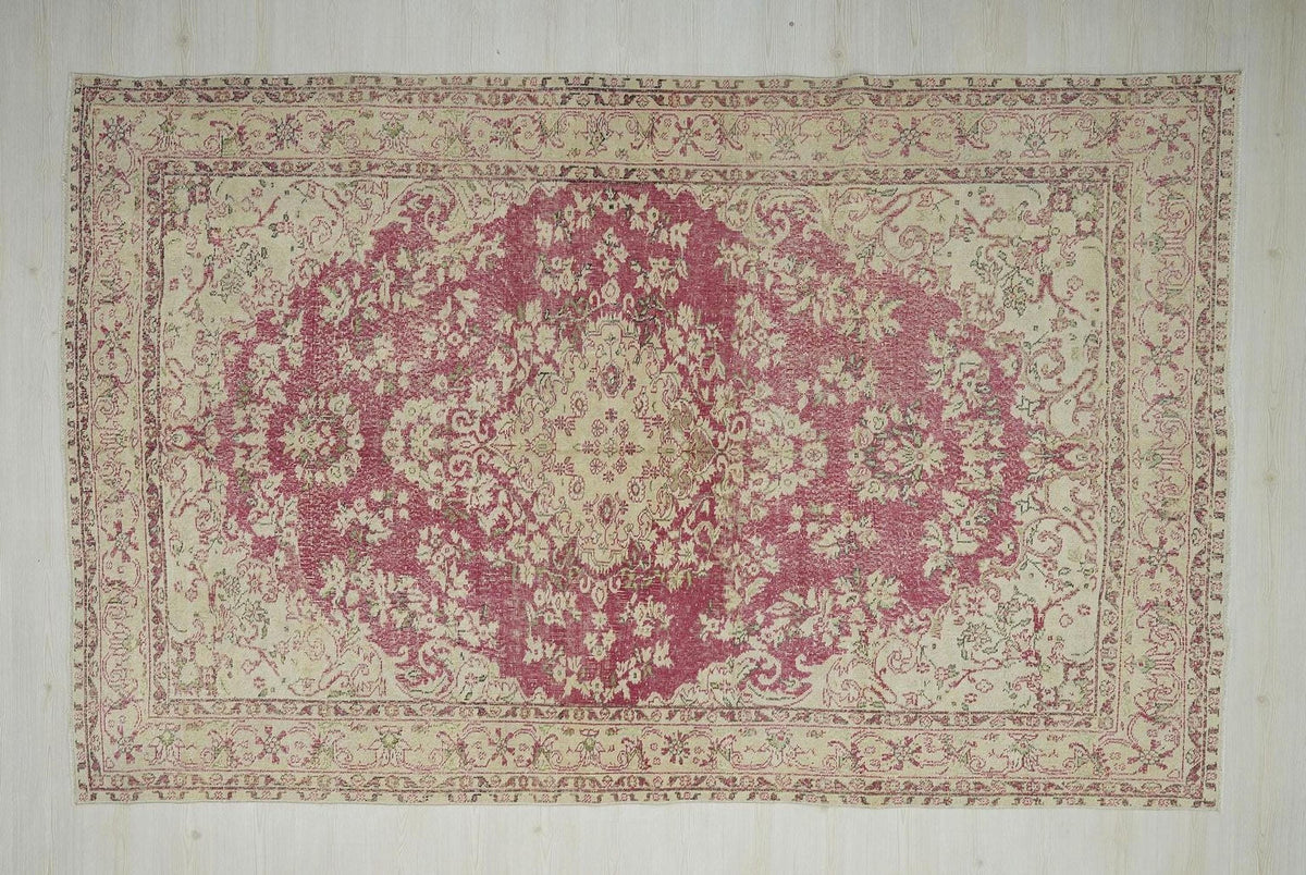 Vintage Wool Oushak Rug: Turkish Medallion Design Wine & Beige Rugs 7x11