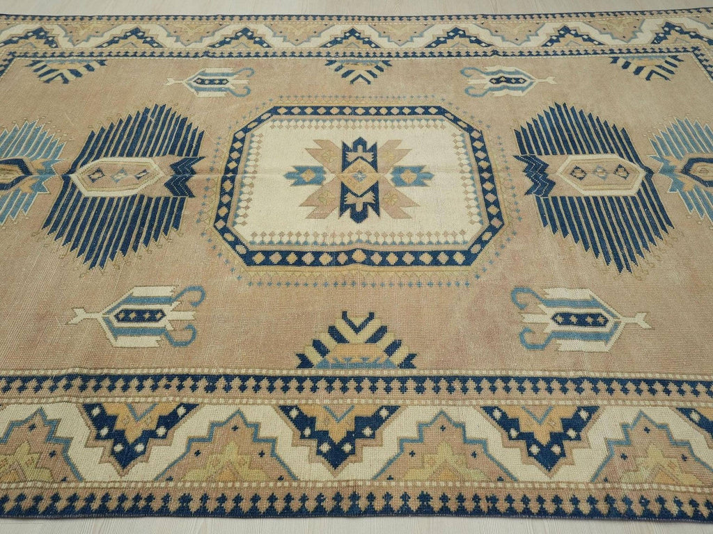 Vintage Wool Oushak Rug: 6.6"x10.1" Hand-Knotted Turkish Carpet