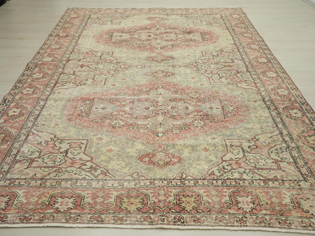 Gray & Blue Vintage Oushak Rug: Mid-Century Antique Turkish Wool Carpet 6,5x9,7 Ft.