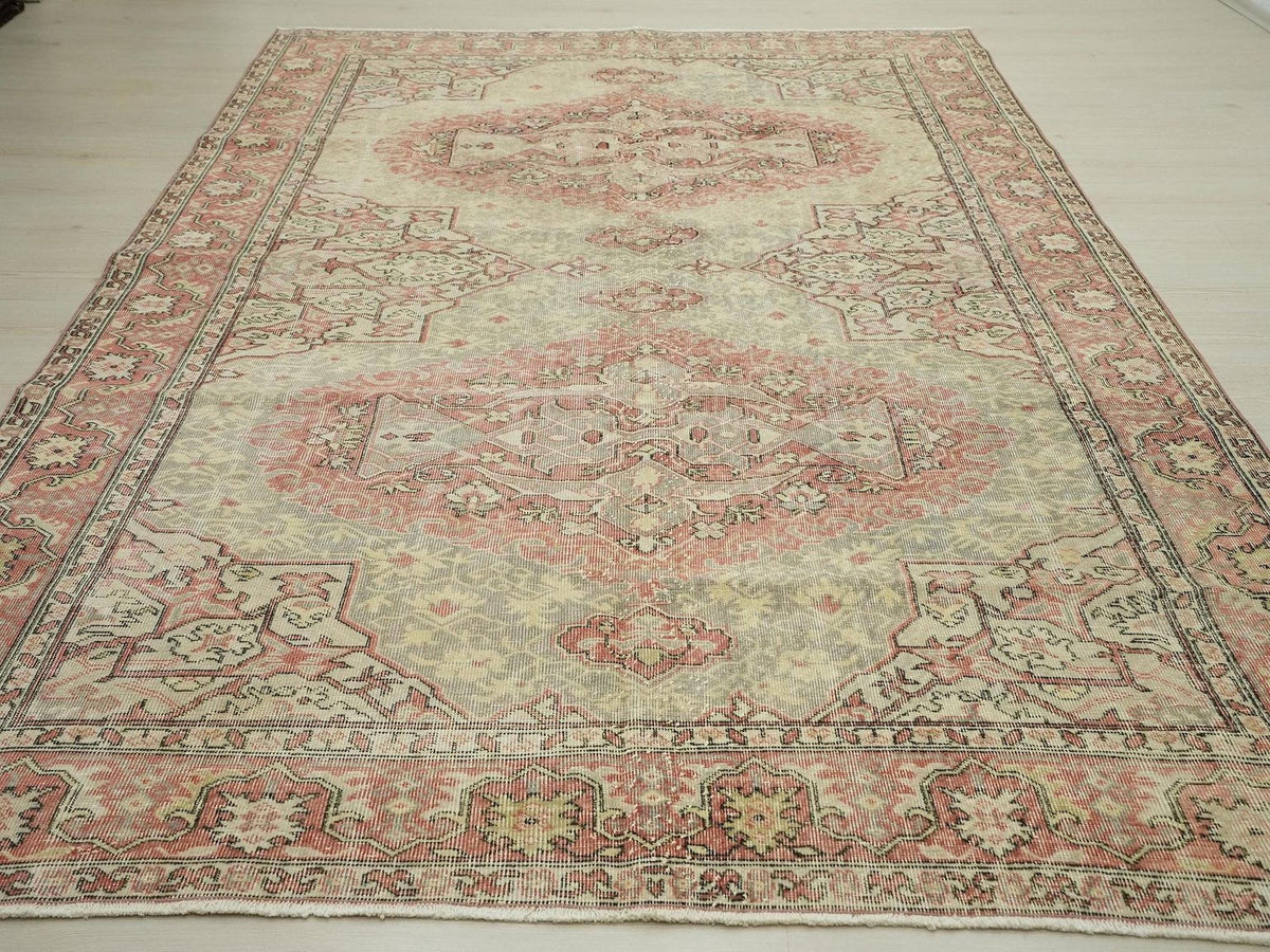 Gray & Blue Vintage Oushak Rug: Mid-Century Antique Turkish Wool Carpet 6,5x9,7 Ft.