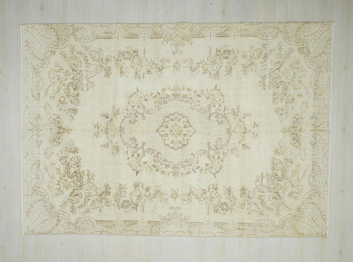 Vintage Oushak Rug: Large Handmade Wool Beige Brown Rugs, 6.10X9.9 ft.