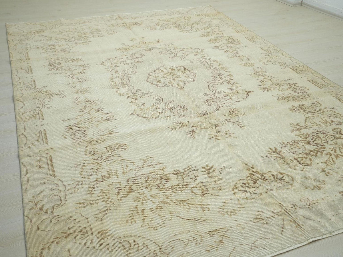 Vintage Oushak Rug: Large Handmade Wool Beige Brown Rugs, 6.10X9.9 ft.